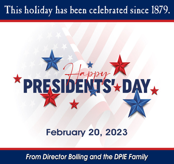 Presidents' Day banner with flag and words, reminder of upcoming holiday