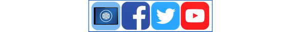 Row of social media icons for website, facebook, twitter and YouTube