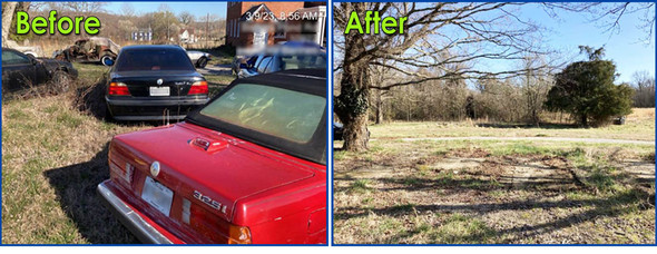Clean It and Lien It - photo of cars parked all over the lawn before photo and after photo - all cleaned