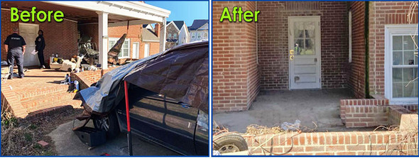 Clean It and Lien It - photo of house with porch full of trash and debris before photo and after photo - all cleaned
