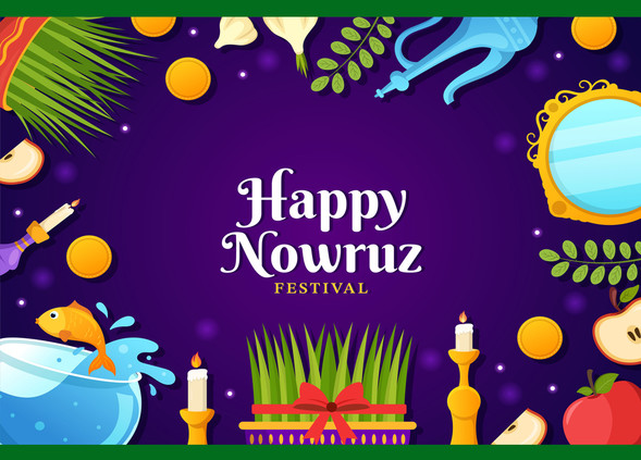 Nowruz, spring equinox holiday celebrated by millions, graphic of fish, grass, food, coins and candles