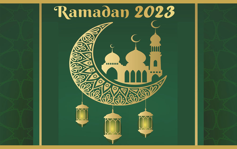 Ramadan Banner, with gold crescent moon, Muslim buildings and lanterns