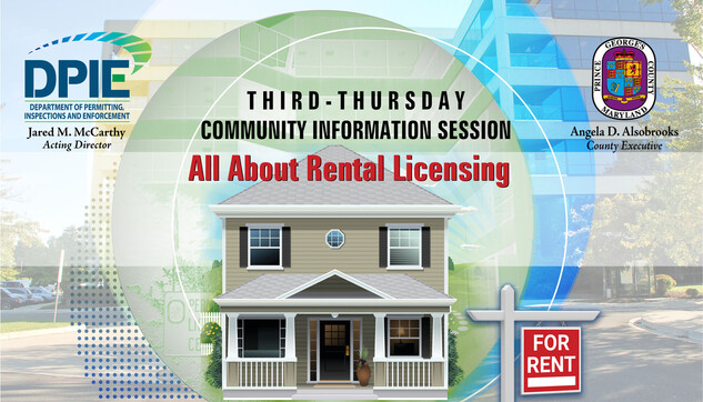 Third Thursday Community Session - All About Rental Licensing, opening slide of April 20 PowerPoint, graphic of house with "For Rent" sign