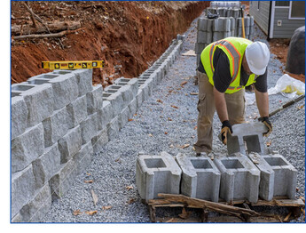 Building a retaining wall - construction worker laying concrete blocks with level