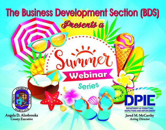 Summer Webinar series, drawings of summer icons (flip-flops, icecream, fruit, etc.) advertising free permit trainings