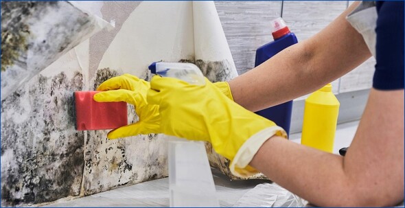 Gloved hands scrubbing to remove mold on a wall