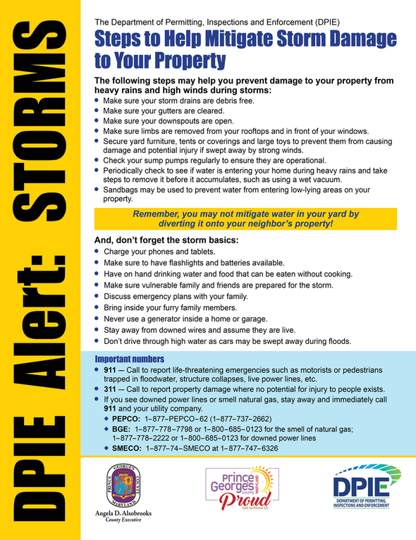 DPIE Alert - Storms flyer with yellow vertical banner and information on how to prepare for storms and weather-related emergencies