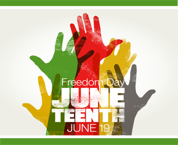 Juneteenth graphic with multicolor hands and words Freedom Day Juneteenth on June 19