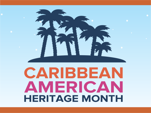 Caribbean American Month, graphic of palm trees on an island