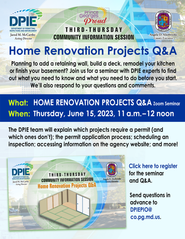 Home Renovation Projects Q&A, flyer for Third-Thursday Community Information Session, graphic of room needing renovation