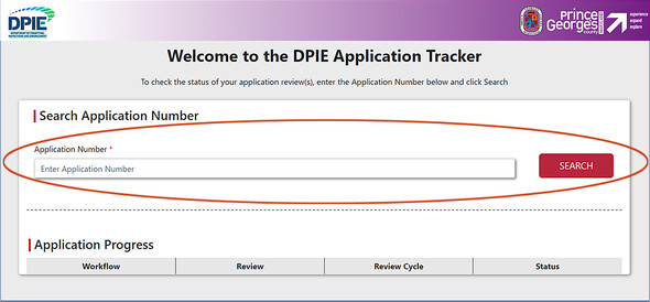 Start your search by entering your application number, screen shot of welcome to DPIE Application Tracker, enter appli number