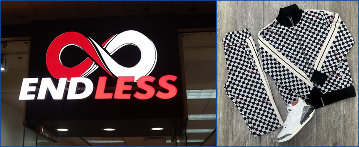 Endless Kicks, shows logo of the word Endless over an infinity sign, and a photo of sneakers & checked racing pattern clothing