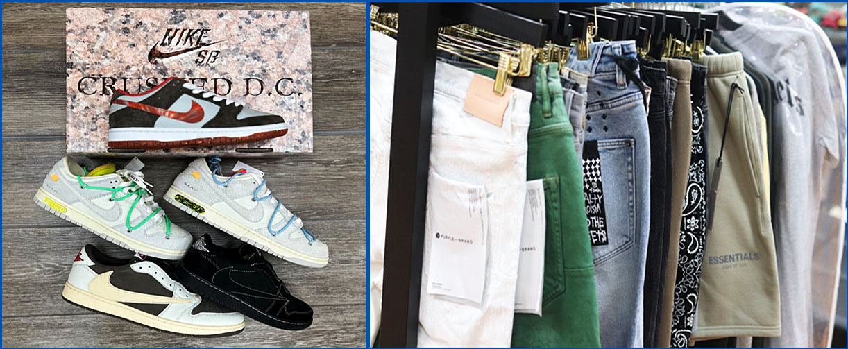 Endless store photos of merchandise featuring sneakers and clothing (jeans, Essentials shorts, skirts, etc.)