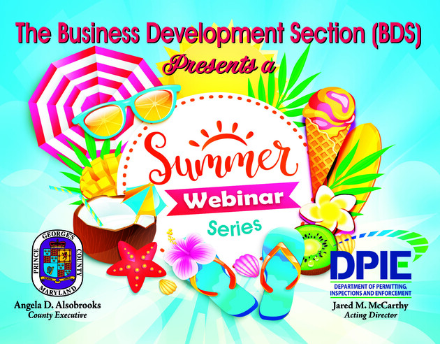 BDS Summer Webinar series banner, icons of summer include surfboard, flip flops, umbrella, fruit, ice cream, etc.