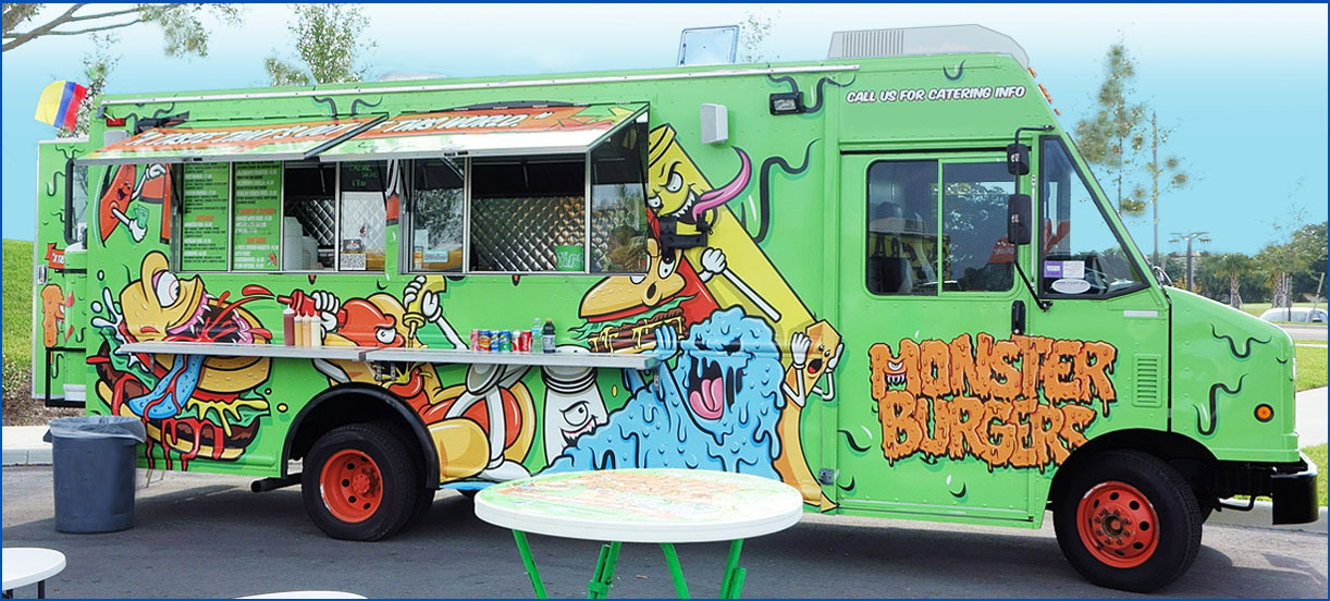 Food Truck, green with graphic images for Burger Monster
