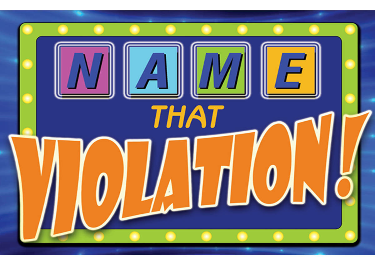 Name that Violation game banner with bright lights around title