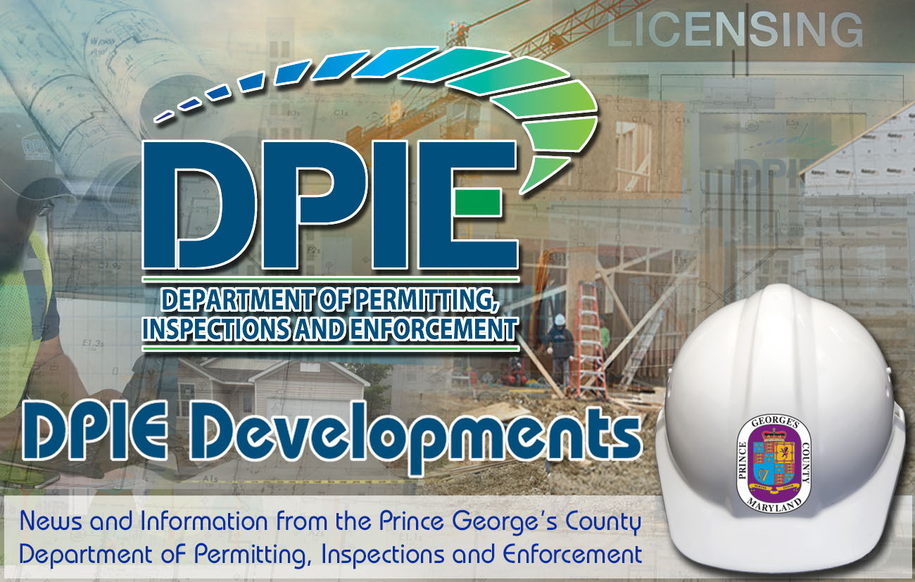 DPIE Developments masthead, pictures of permits, licenses, construction, plan review, enforcement and inspections