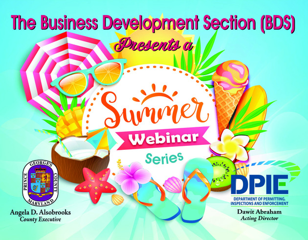 Business Development Section Summer Webinar Series, image of summer items - flip flops, ice cream, fruit, surfboard, etc.