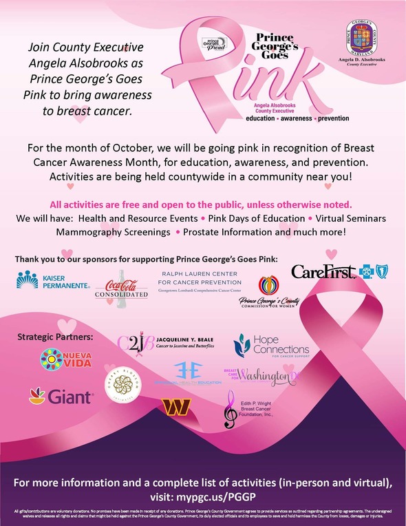 Breast Cancer Awareness flyer in English, with pink ribbon and supporting businesses