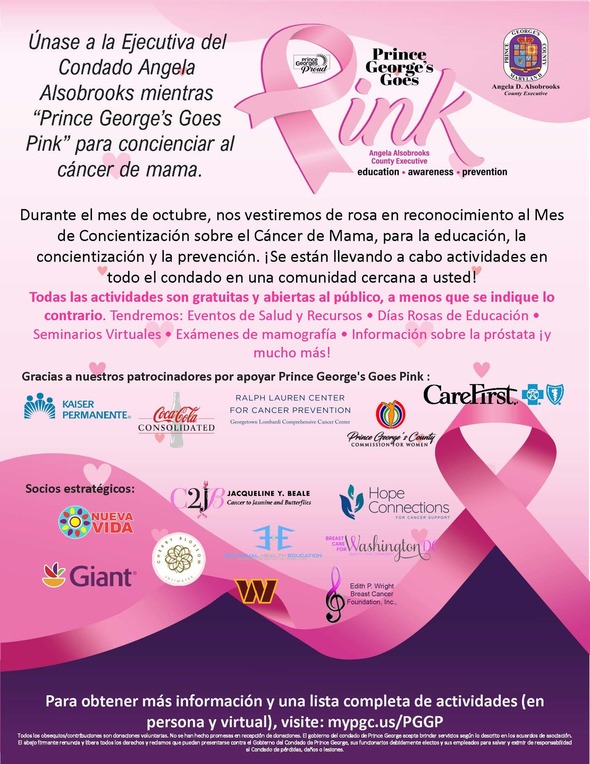 Breast Cancer Awareness flyer in Spanish, with pink ribbon and supporting businesses