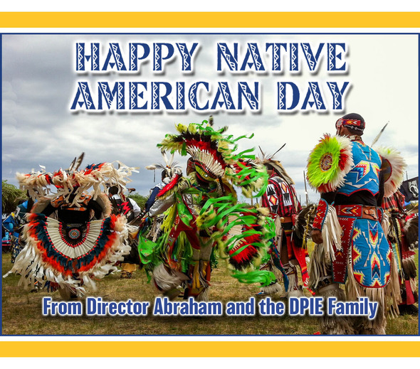 Native American Day banner announcing holiday on October 9, 2023, Native American dancers in full pageantry outfits.