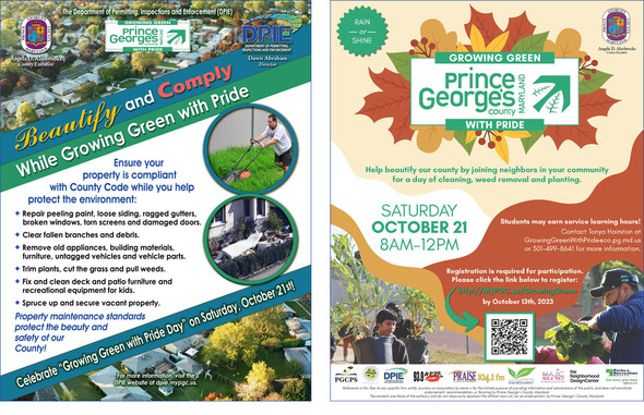 Beautify and Comply while Growing Green with Pride, DPIE and DPWT flyers for Oct 21 County cleanup program