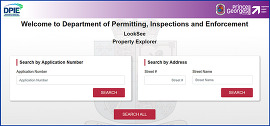 LookSee Property Explorer landing page, insert permit number or property address to search