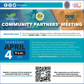 Community Partners Meeting ad for Spring 2024, with DPIE, DoE and DPWT logos