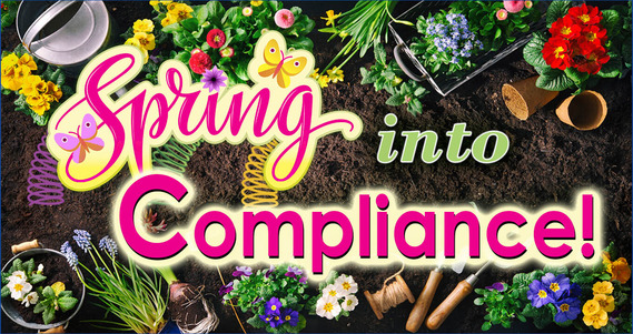 Spring into Compliance banner with flowers and words
