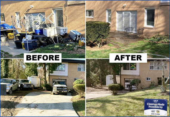 Clean It, Lien It program Before the property cleanup photo, showing untagged cars and outdoor trash and debris littering the front and back yards