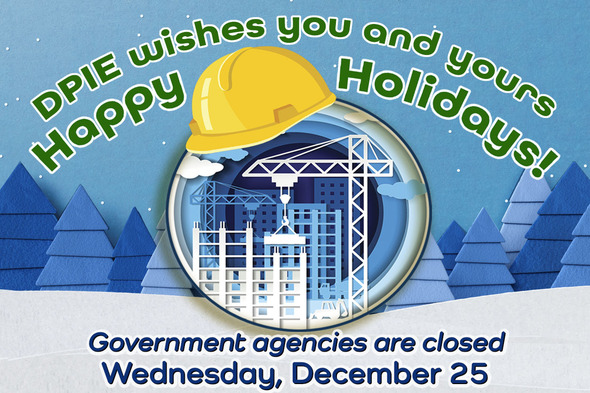 Happy Holidays 2024 from DPIE, image of construction circle with hard hat in snow and trees