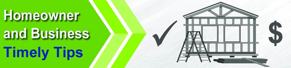 Homeowner and Business Timely Tips banner with building project, checkmark and dollar sign