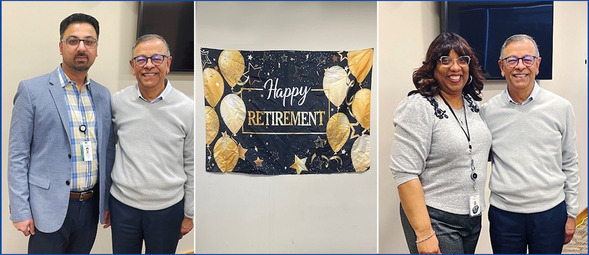 Associate Director Bellur Ravishankar Retires, shown with replacement Nabel Waseem on left and administrative aide Robin McLean on the right.