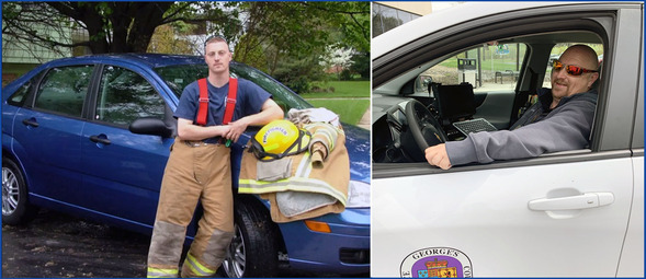 Charles Graham composite as young FD recruit and on the job today in his County car