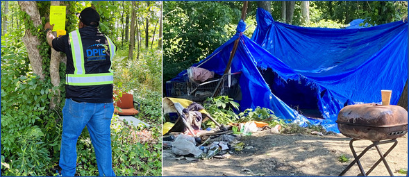 Code enforcement officer posting violation notice on a tree; 2nd photo of encampment with a large tent and rusty grill