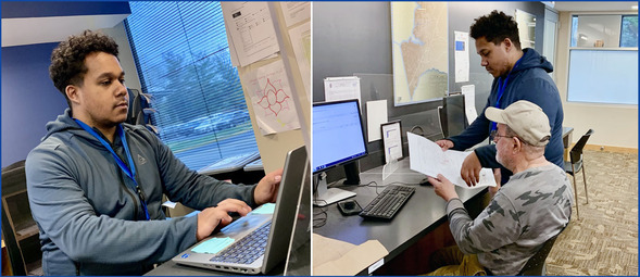 Mario Martinez working at his laptop; 2nd photo assisting an older gentleman through the submission steps of an application