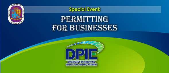 Permitting for Businesses banner to advertise upcoming special presentation on June 26 with blue and green swirls and County and DPIE logos