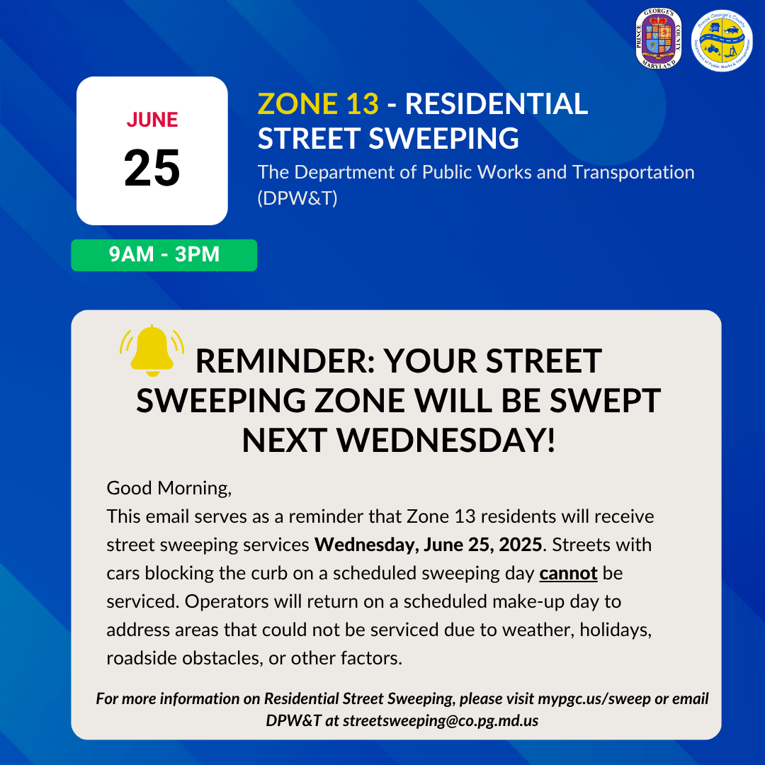 Reminder for Residential Street Sweeping Services for Zone 13
