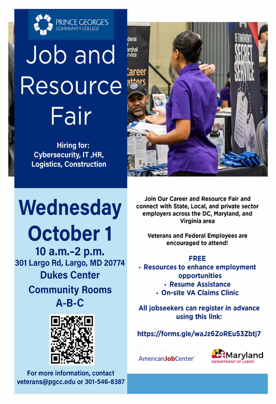 Prince George's Community College Job and Resource Fair flier