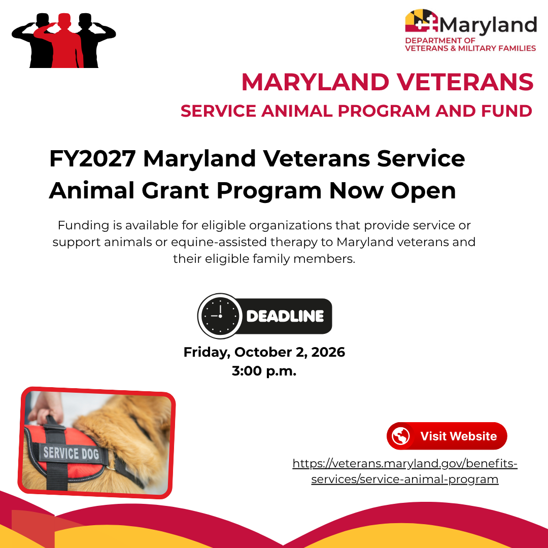 FY2027 Maryland Veterans Service Animal Grant Program Now Open