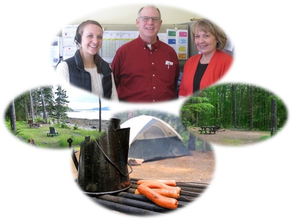 photo montage of reservations system staff and three campsites
