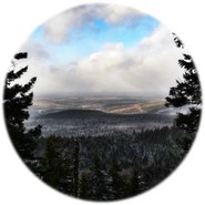 View across forest below to rolling hills from vista on newly constructed Williams Mt. Trail.