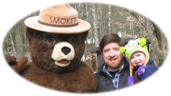Smokey Bear with visitors at Bradbury Mt. State Park