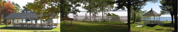montage of group shelter, viewing bench and gazebo at Moose Point State Park