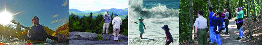 montage of summertime activities: paddling, hiking, swimming, birdwatching