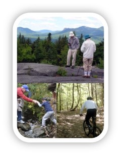 Hikers on mt. ledge and crossing stream, biker on wooded trail.