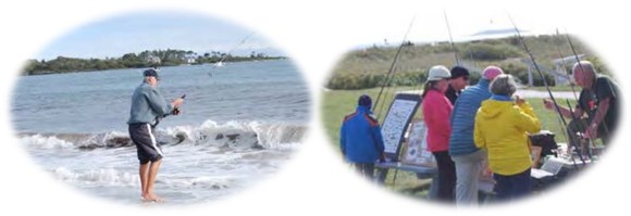 Montage of surf fisher on ocean beach and people looking at surf fishing equipment.