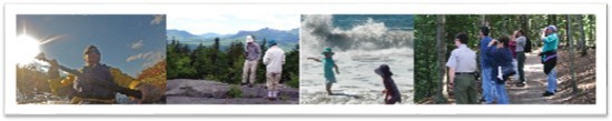 activities montage: kayaking, hikers on mountain top, two children in ocean surf, and a group of birders.