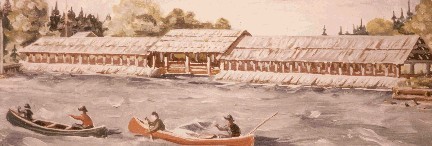 Lock Dam on the Allagash Wilderness Waterway, historic illustration of what it looked like in the mid-1800s.