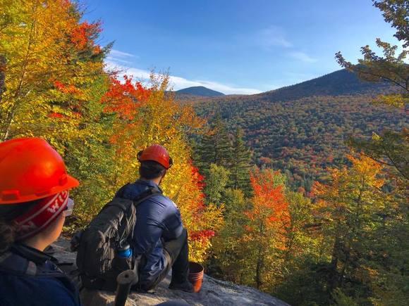 Team members sitting on a ledge looking out over trees all different shades of colors in autumn